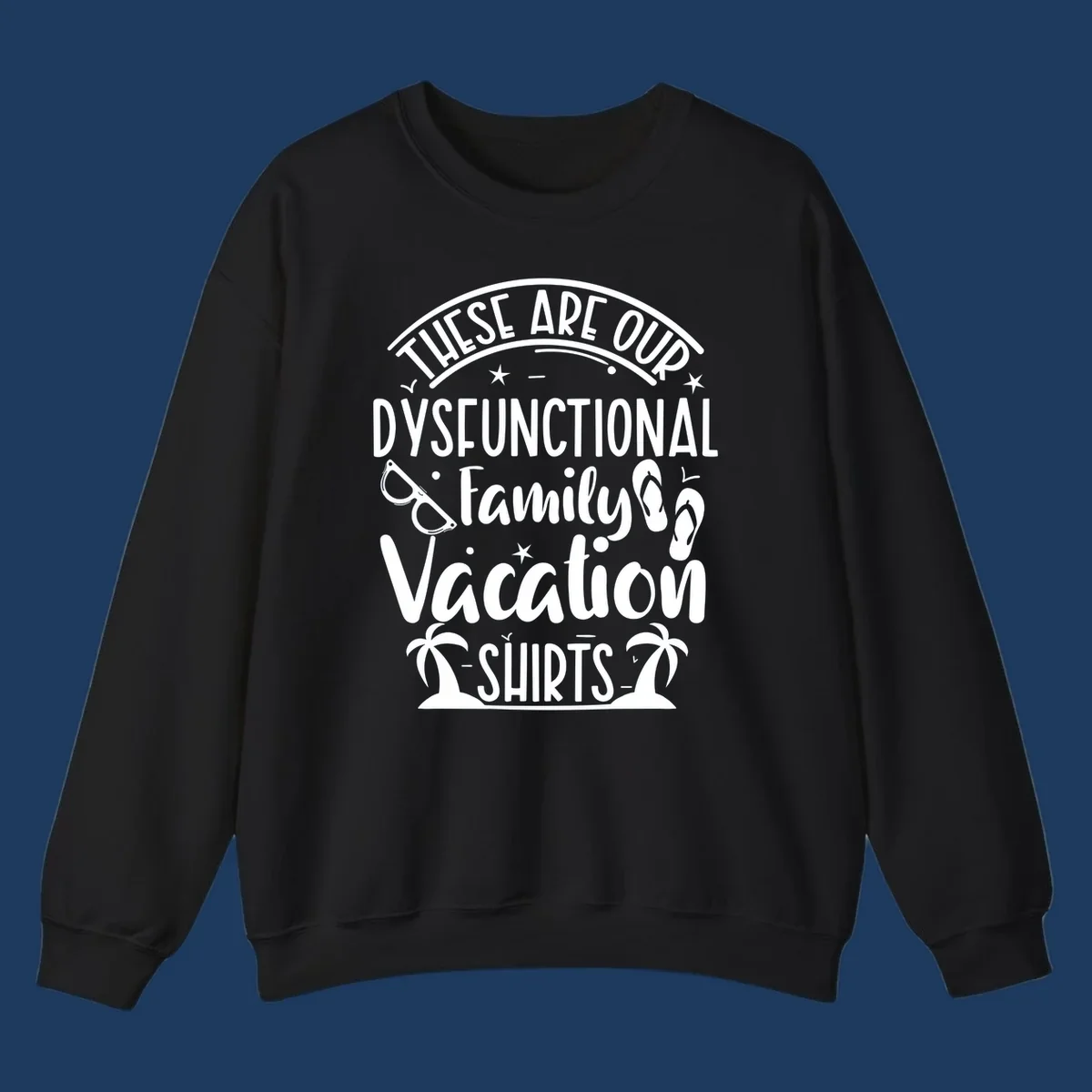 Vintage-style badge with dysfunctional family vacation text, sunglasses, flip flops, and palm trees design