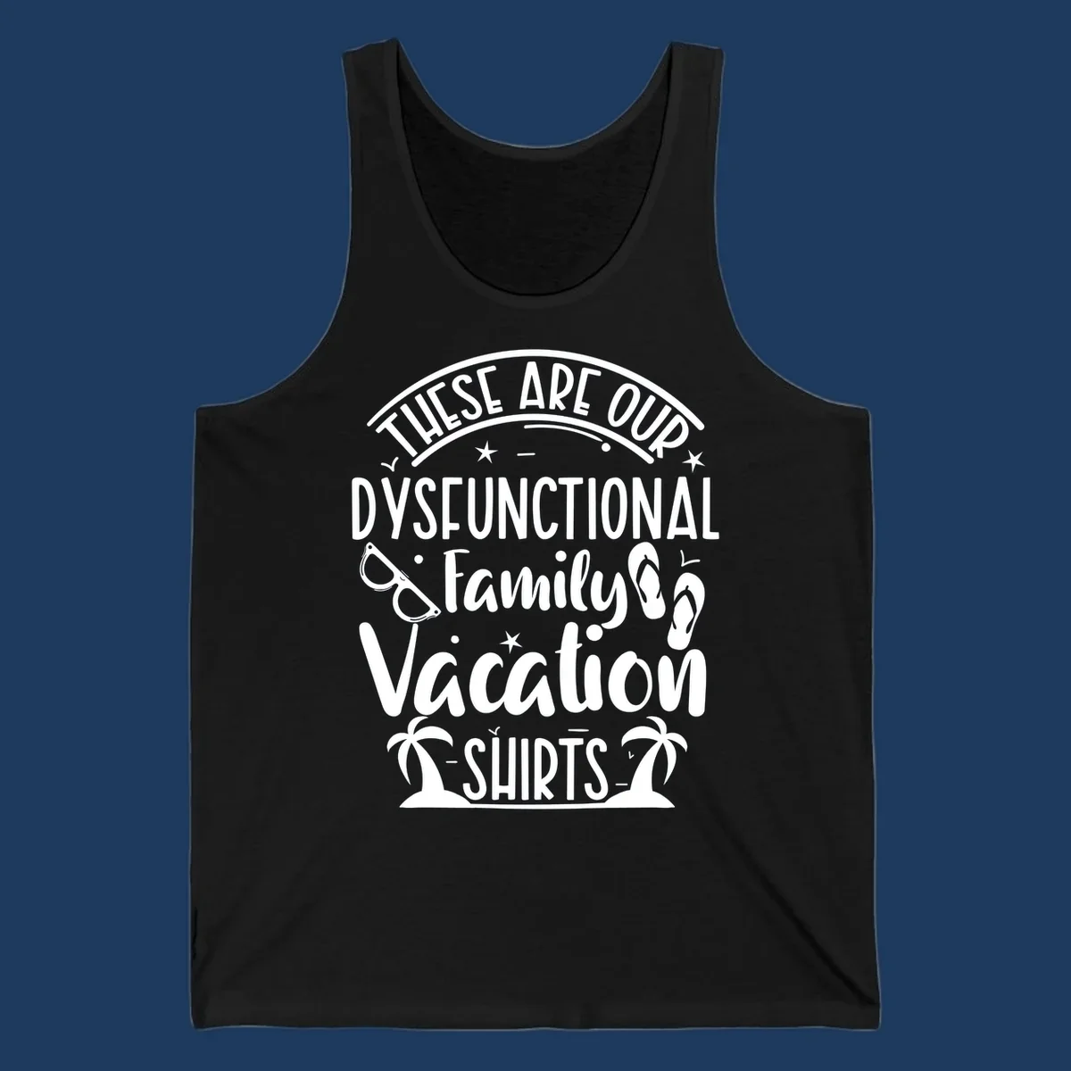 Vintage-style badge with dysfunctional family vacation text, sunglasses, flip flops, and palm trees design