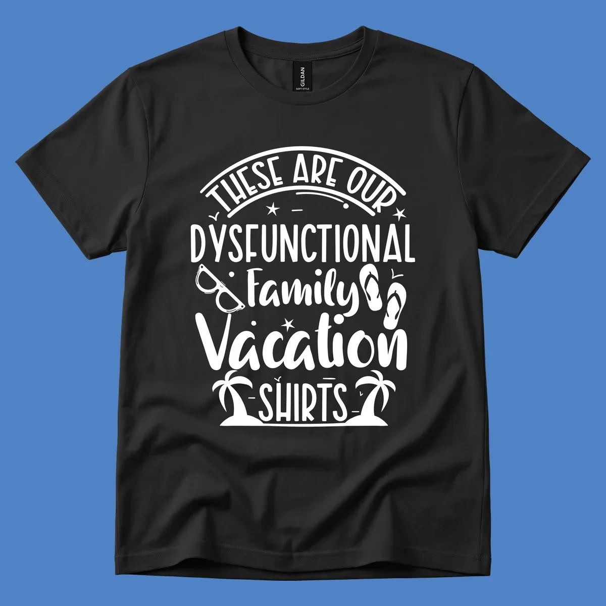 Vintage-style badge with dysfunctional family vacation text, sunglasses, flip flops, and palm trees design