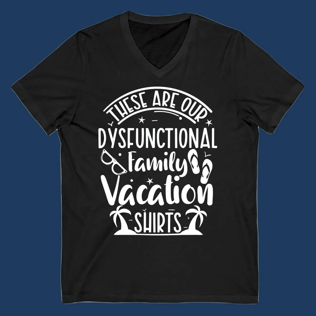 Vintage-style badge with dysfunctional family vacation text, sunglasses, flip flops, and palm trees design