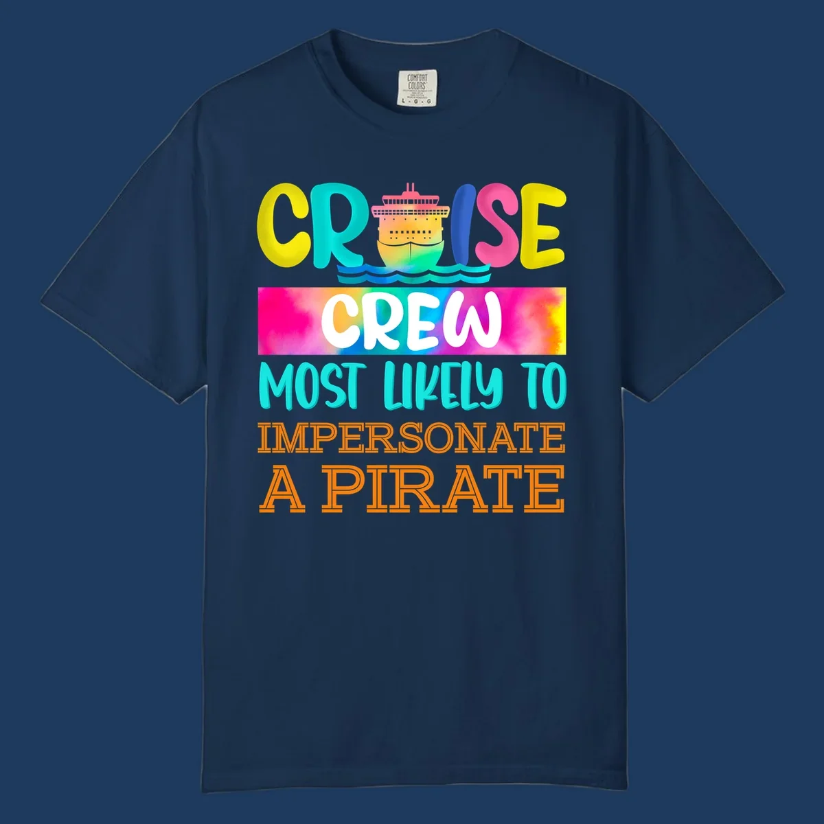 Colorful cruise crew pirate superlative design with illustrated ship and ocean waves in bright yellow, pink, cyan, and orange text