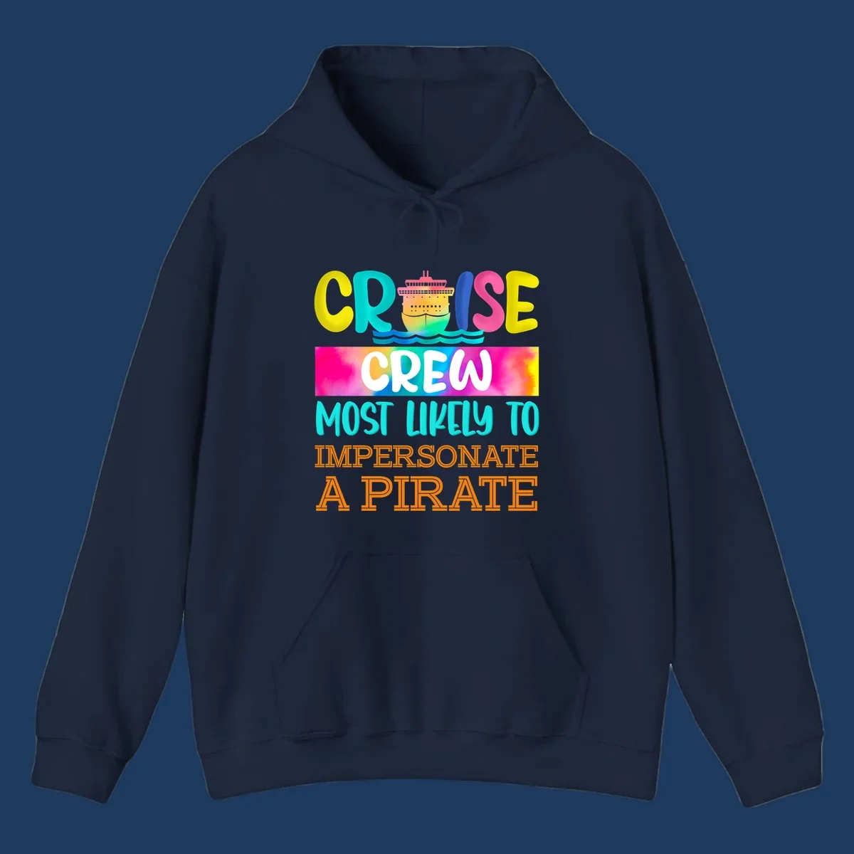 Colorful cruise crew pirate superlative design with illustrated ship and ocean waves in bright yellow, pink, cyan, and orange text