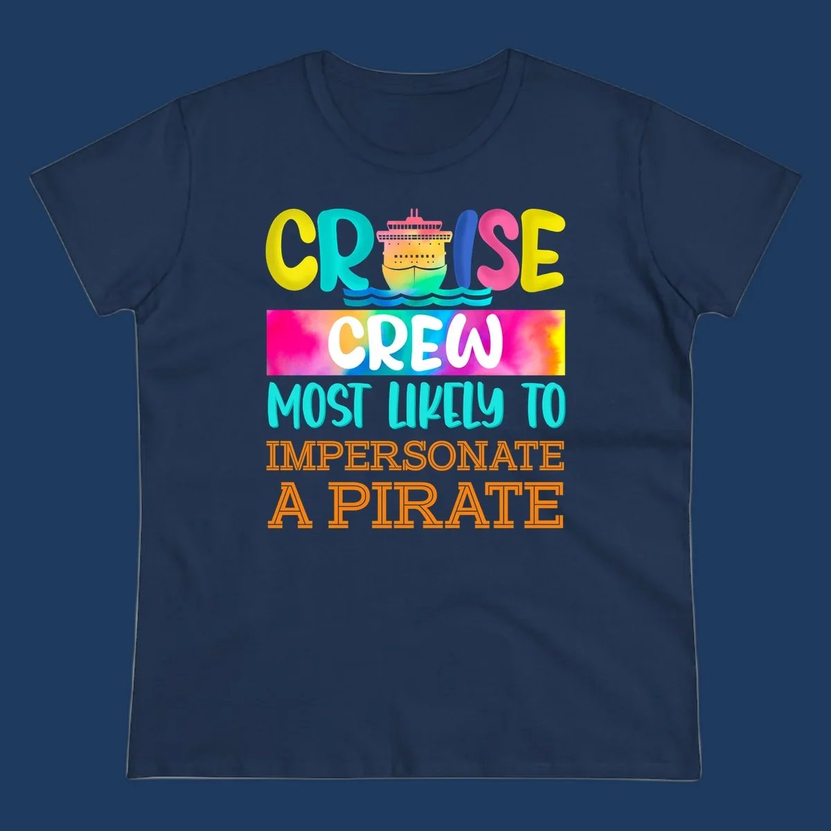 Colorful cruise crew pirate superlative design with illustrated ship and ocean waves in bright yellow, pink, cyan, and orange text