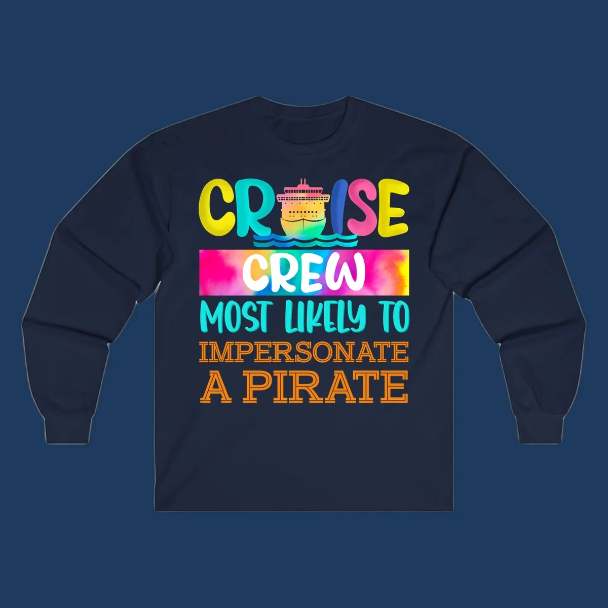 Colorful cruise crew pirate superlative design with illustrated ship and ocean waves in bright yellow, pink, cyan, and orange text
