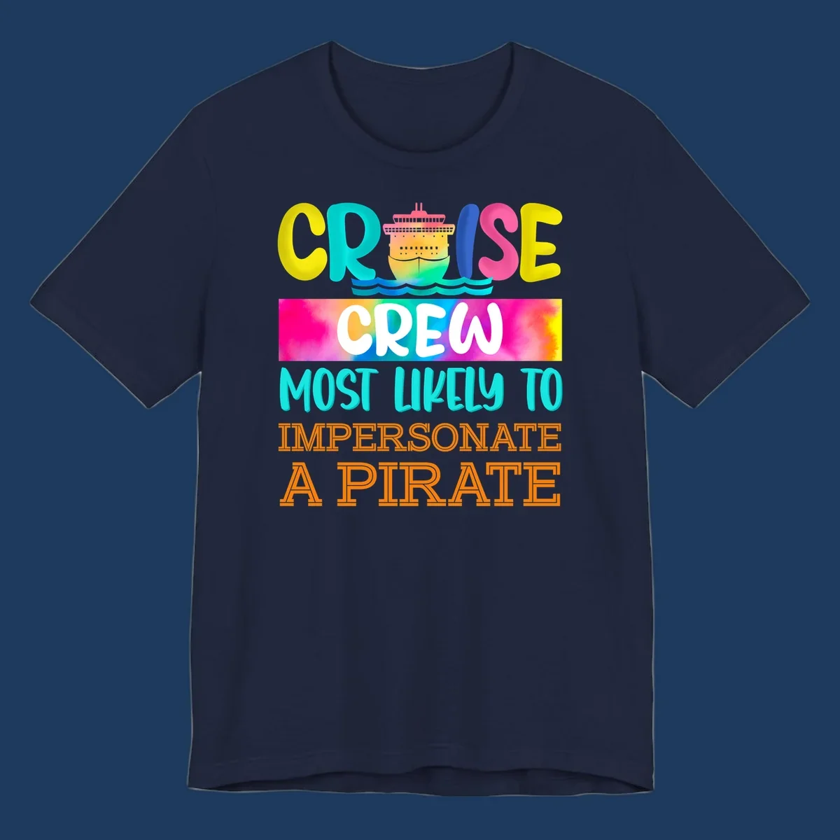 Colorful cruise crew pirate superlative design with illustrated ship and ocean waves in bright yellow, pink, cyan, and orange text