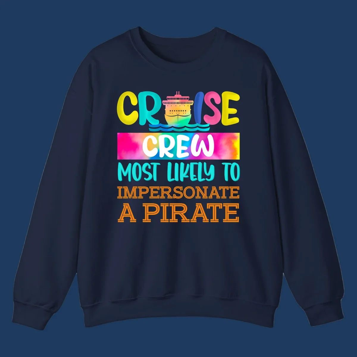 Colorful cruise crew pirate superlative design with illustrated ship and ocean waves in bright yellow, pink, cyan, and orange text