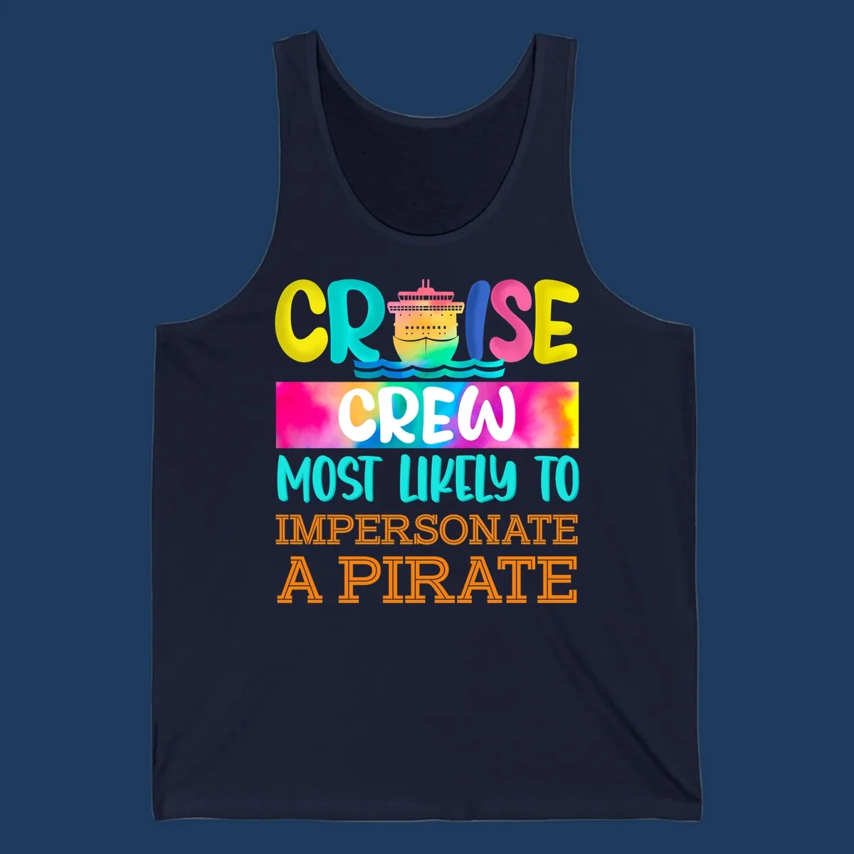 Colorful cruise crew pirate superlative design with illustrated ship and ocean waves in bright yellow, pink, cyan, and orange text