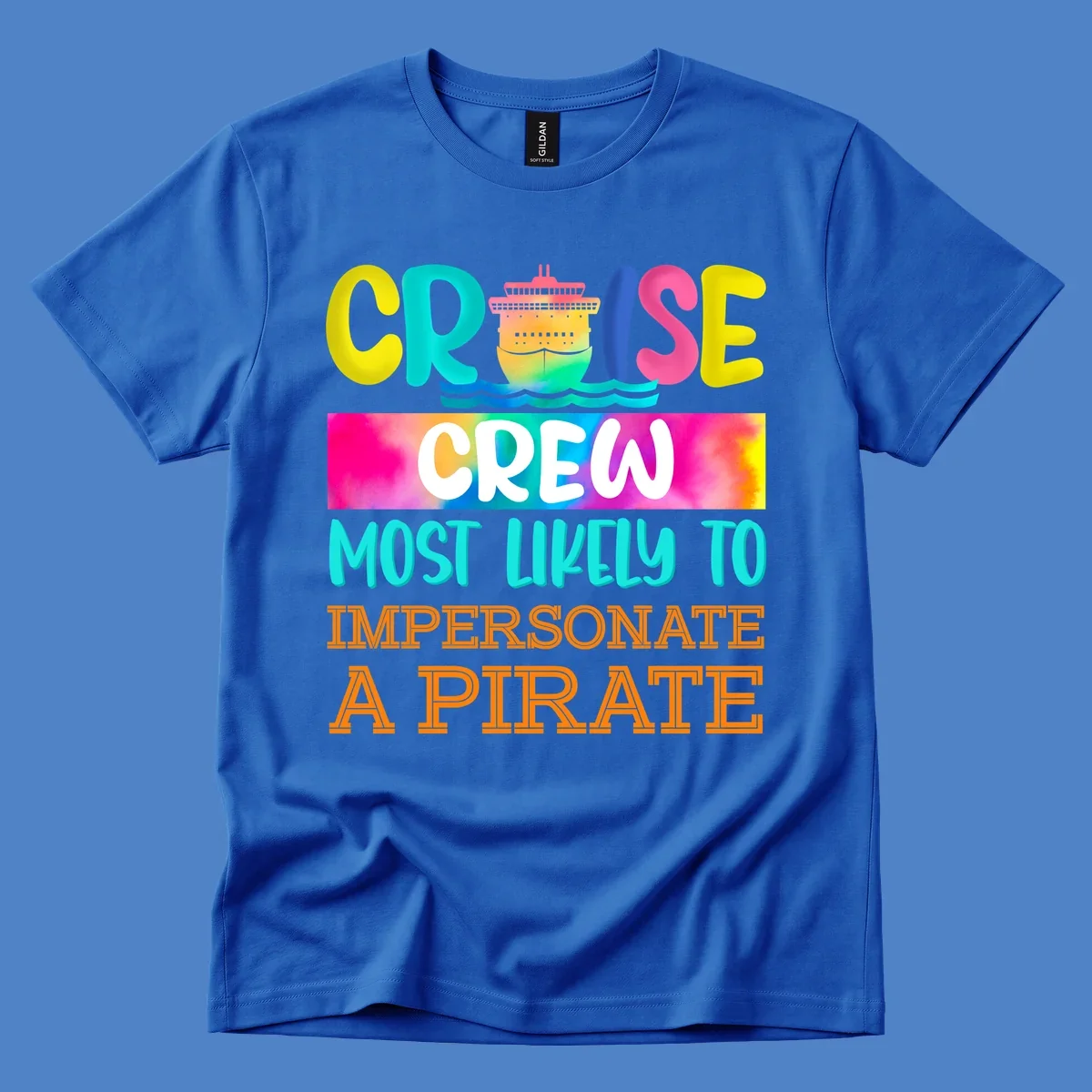 Colorful cruise crew pirate superlative design with illustrated ship and ocean waves in bright yellow, pink, cyan, and orange text