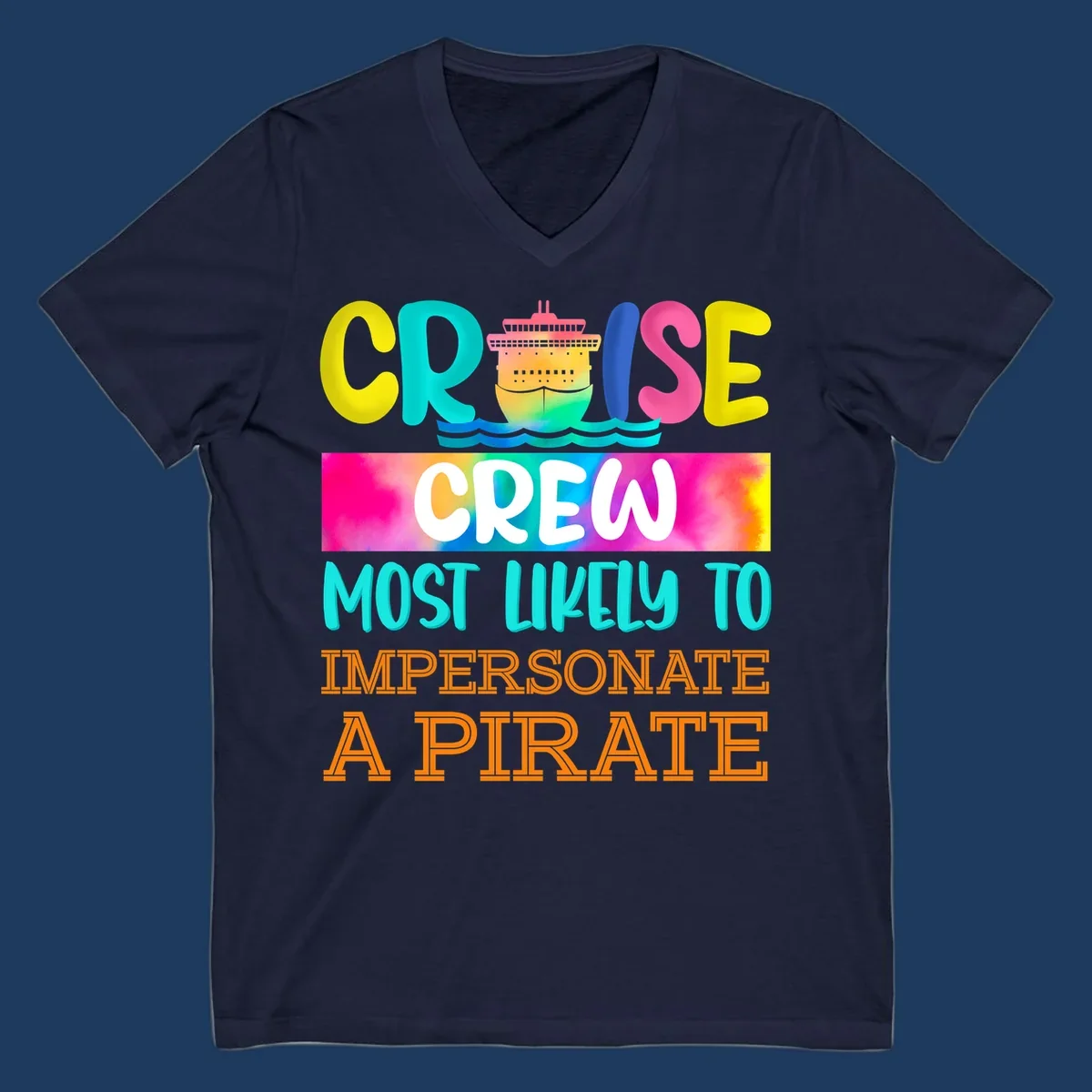 Colorful cruise crew pirate superlative design with illustrated ship and ocean waves in bright yellow, pink, cyan, and orange text
