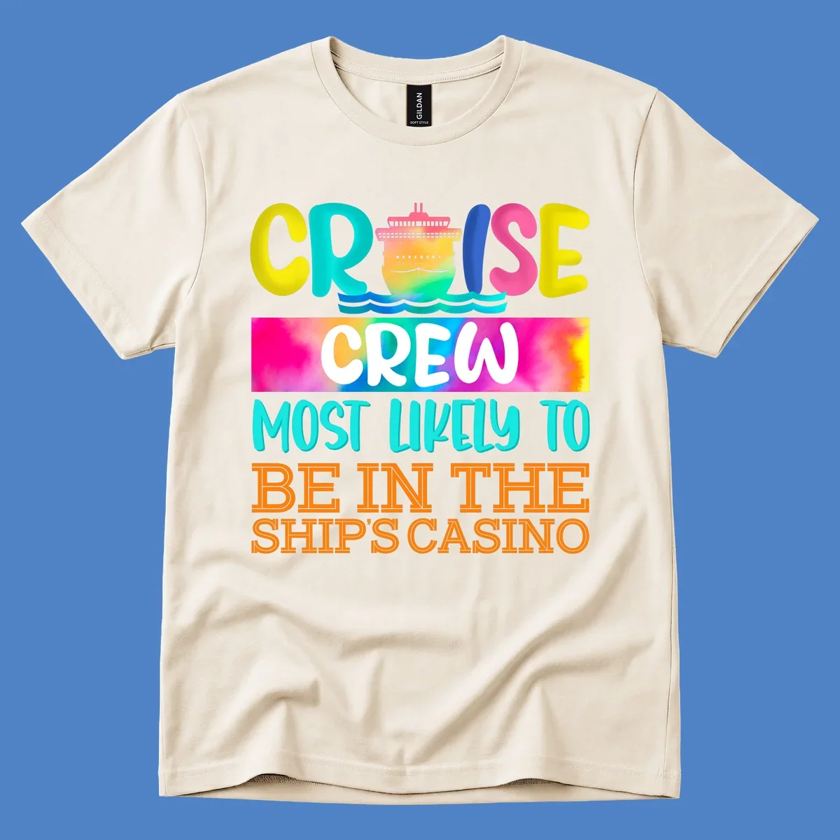 Colorful cruise ship illustration with bold text reading 'Cruise Crew Most Likely to Be in the Ship's Casino' in bright yellow, cyan, pink, and orange lettering on gradient background