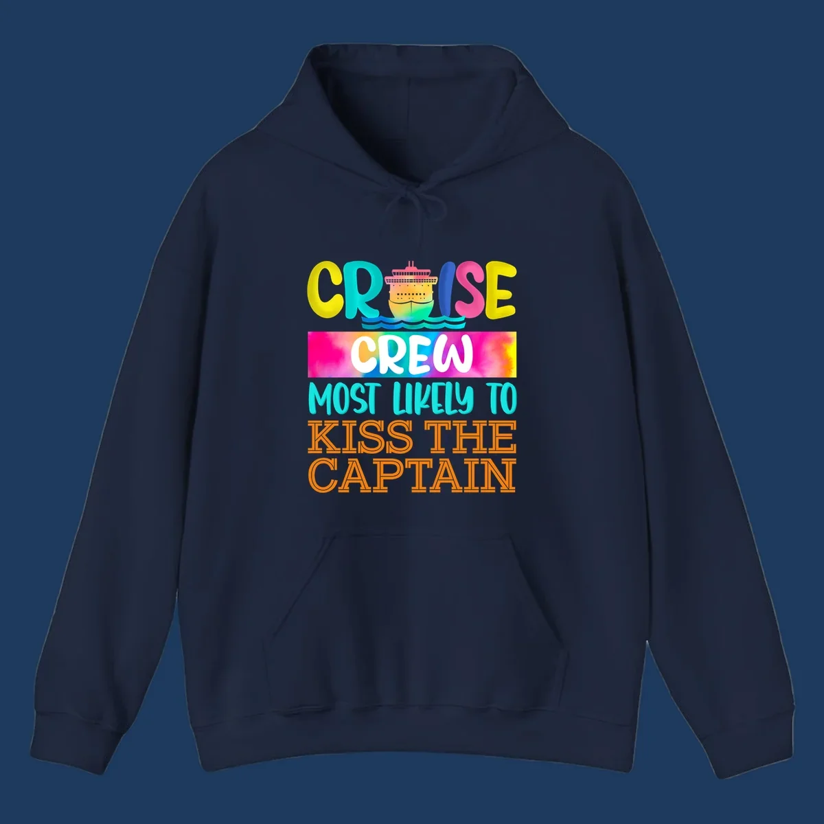 Colorful cruise crew most likely to kiss the captain design with cruise ship illustration and rainbow gradient text on gray background