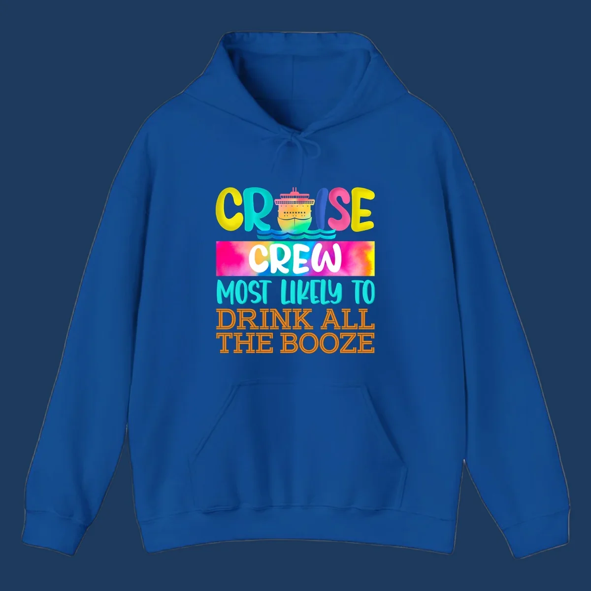 Colorful cruise crew drinking game shirt design with ship graphic and bold rainbow text