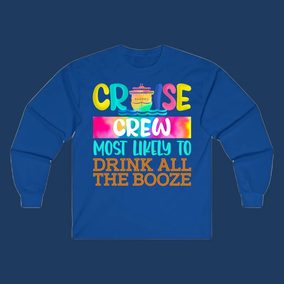 Colorful cruise crew drinking game shirt design with ship graphic and bold rainbow text