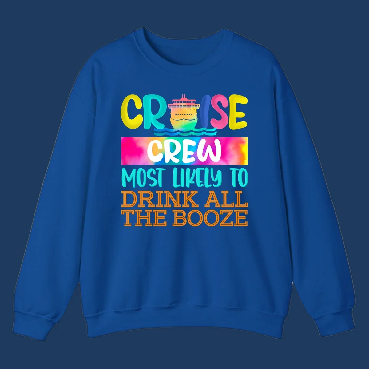 Colorful cruise crew drinking game shirt design with ship graphic and bold rainbow text