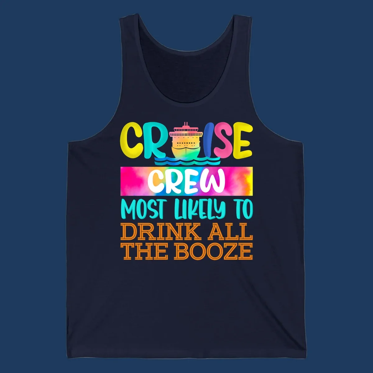 Colorful cruise crew drinking game shirt design with ship graphic and bold rainbow text