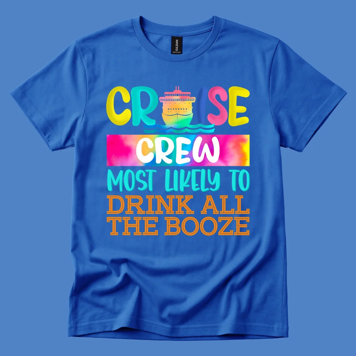 Colorful cruise crew drinking game shirt design with ship graphic and bold rainbow text