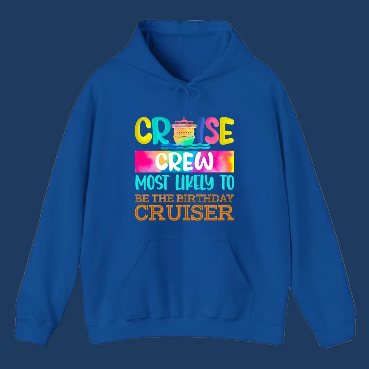 Colorful birthday cruiser crew design with cruise ship and ocean waves illustration and rainbow gradient text