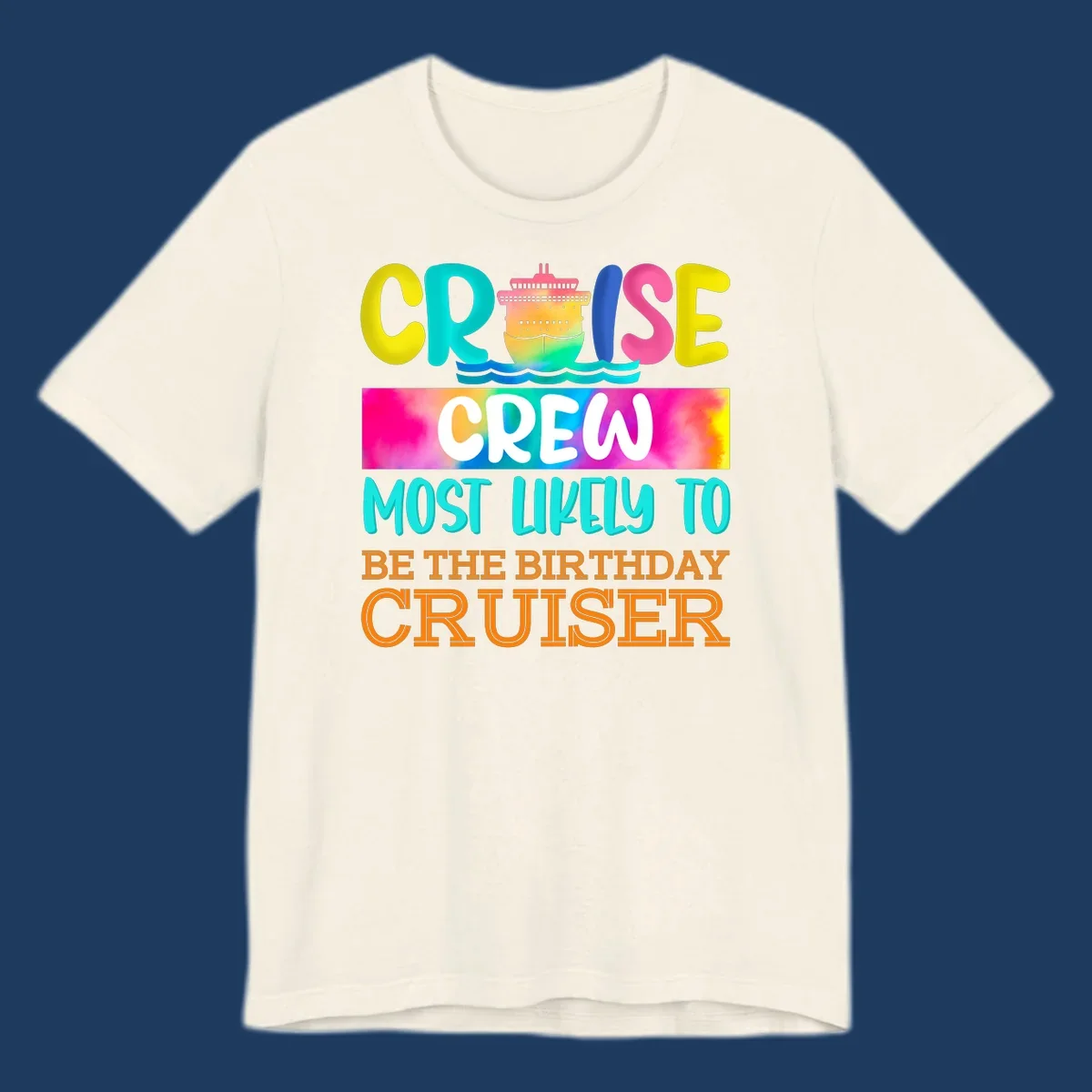 Colorful birthday cruiser crew design with cruise ship and ocean waves illustration and rainbow gradient text