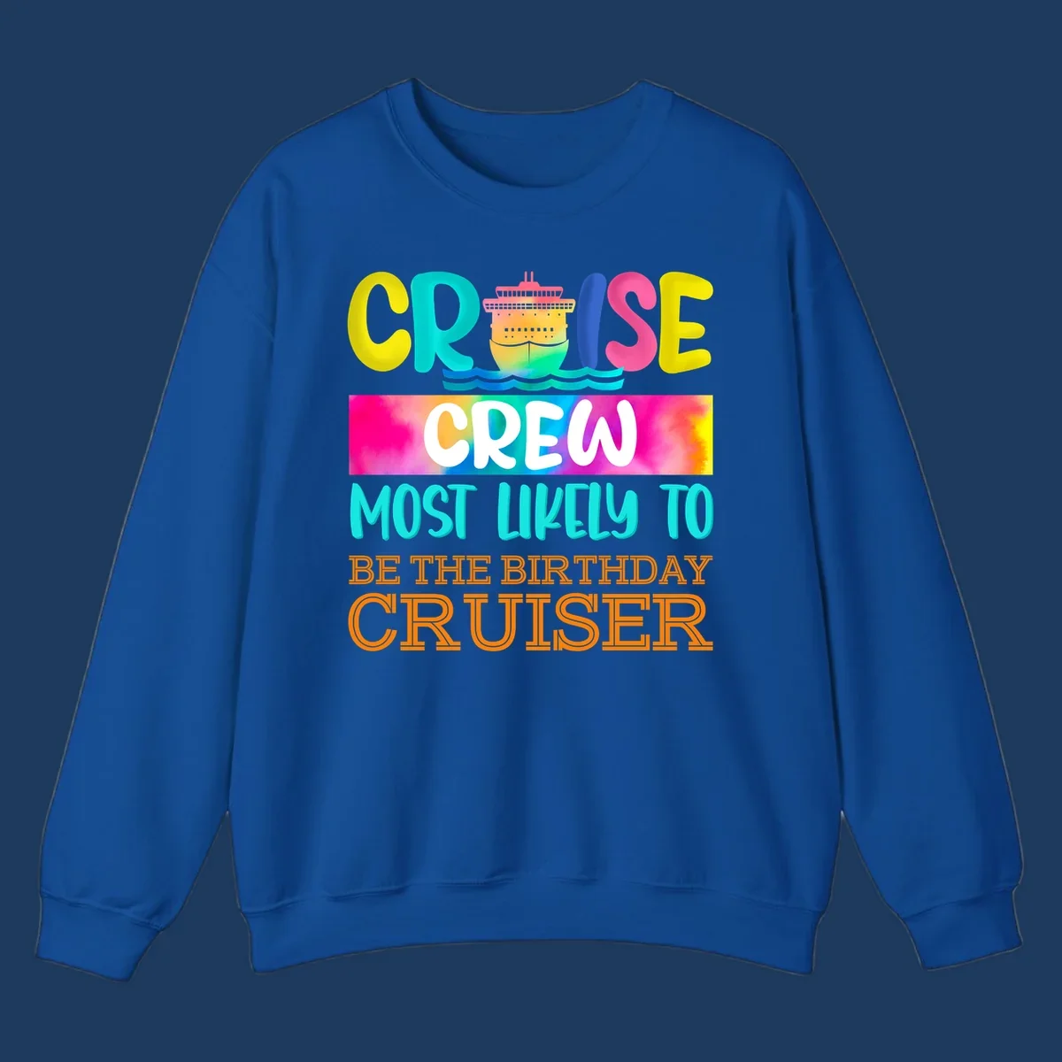Colorful birthday cruiser crew design with cruise ship and ocean waves illustration and rainbow gradient text