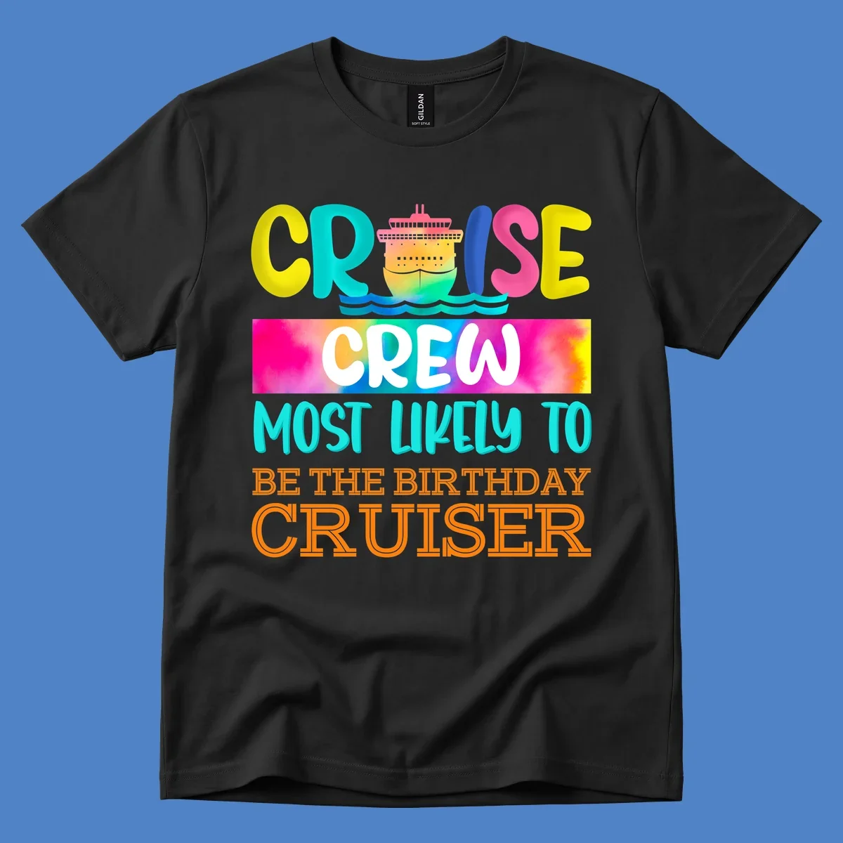 Colorful birthday cruiser crew design with cruise ship and ocean waves illustration and rainbow gradient text