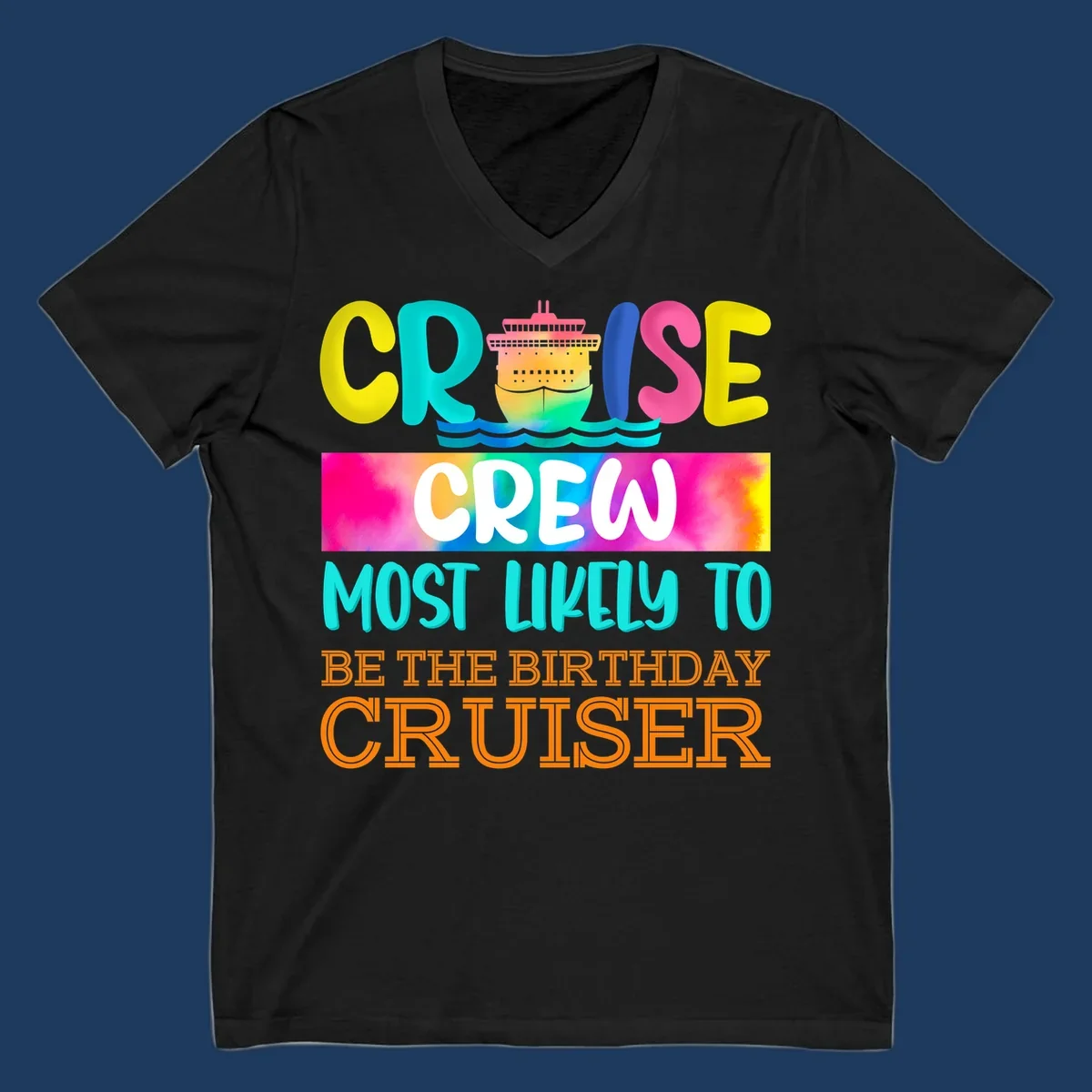 Colorful birthday cruiser crew design with cruise ship and ocean waves illustration and rainbow gradient text