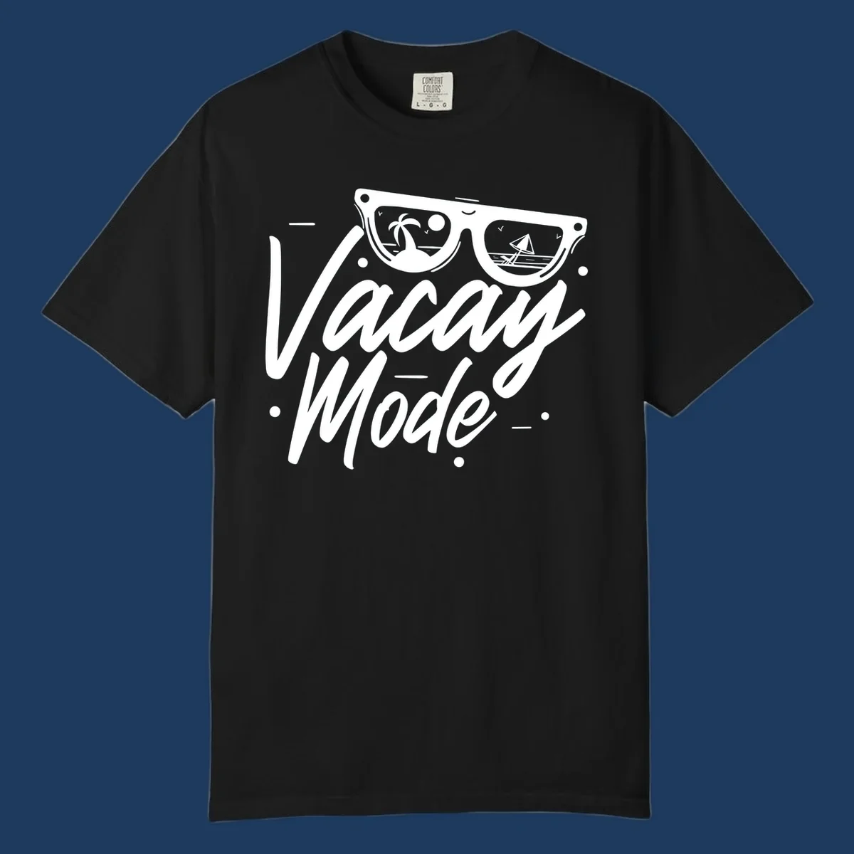 Warm mode cruise design with sunglasses showing tropical palm tree and sailboat scenes, flowing text lettering on gray background