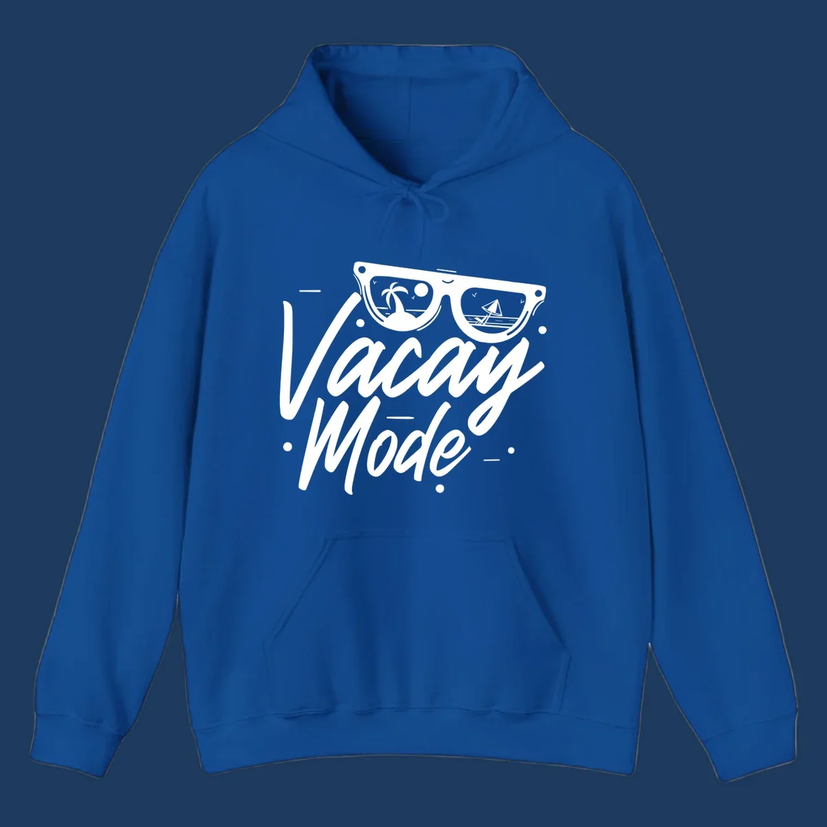 Warm mode cruise design with sunglasses showing tropical palm tree and sailboat scenes, flowing text lettering on gray background