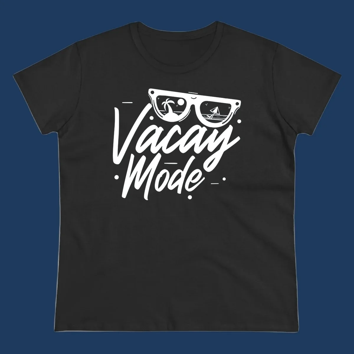 Warm mode cruise design with sunglasses showing tropical palm tree and sailboat scenes, flowing text lettering on gray background