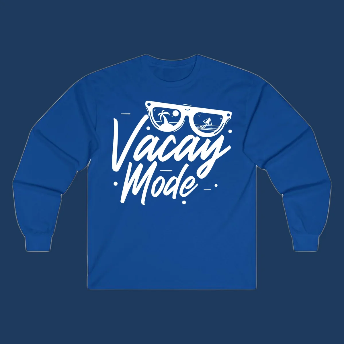 Warm mode cruise design with sunglasses showing tropical palm tree and sailboat scenes, flowing text lettering on gray background
