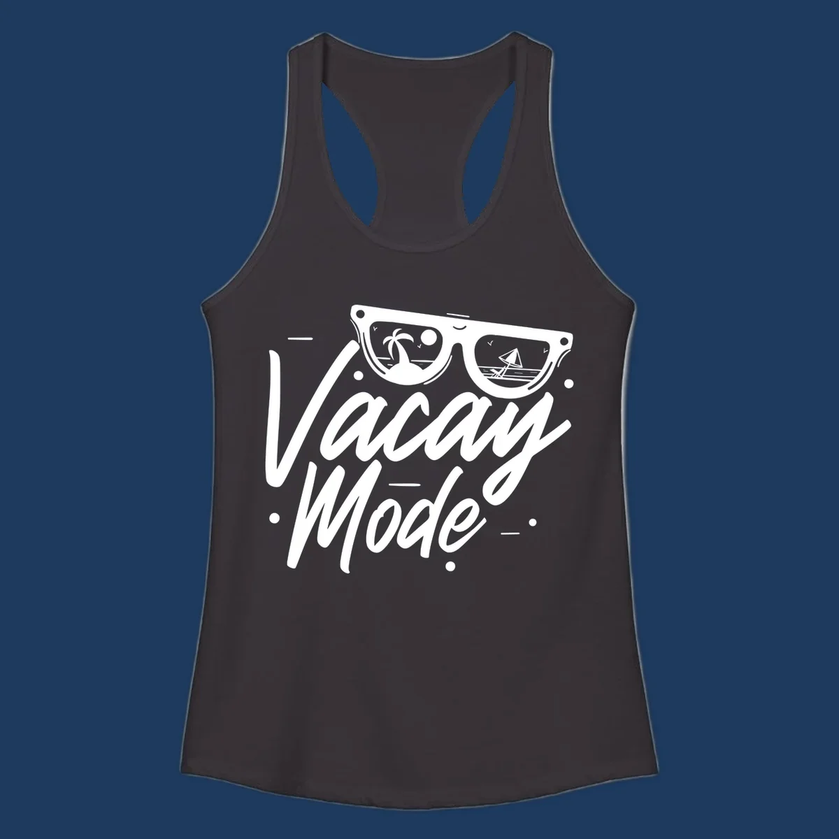 Warm mode cruise design with sunglasses showing tropical palm tree and sailboat scenes, flowing text lettering on gray background