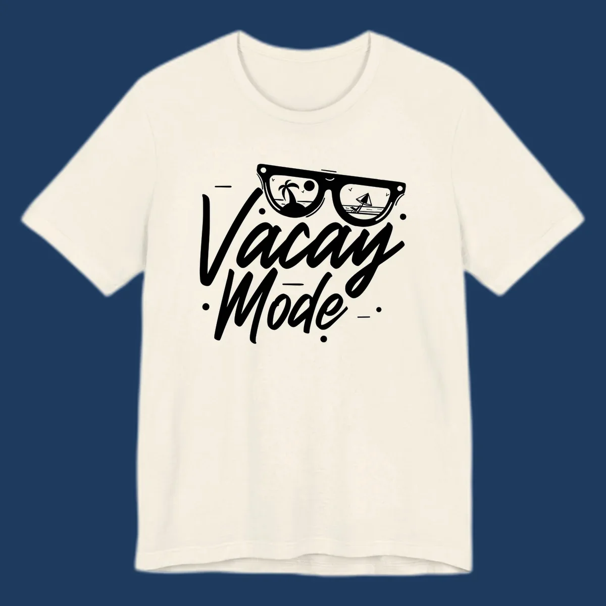 Warm mode cruise design with sunglasses showing tropical palm tree and sailboat scenes, flowing text lettering on gray background