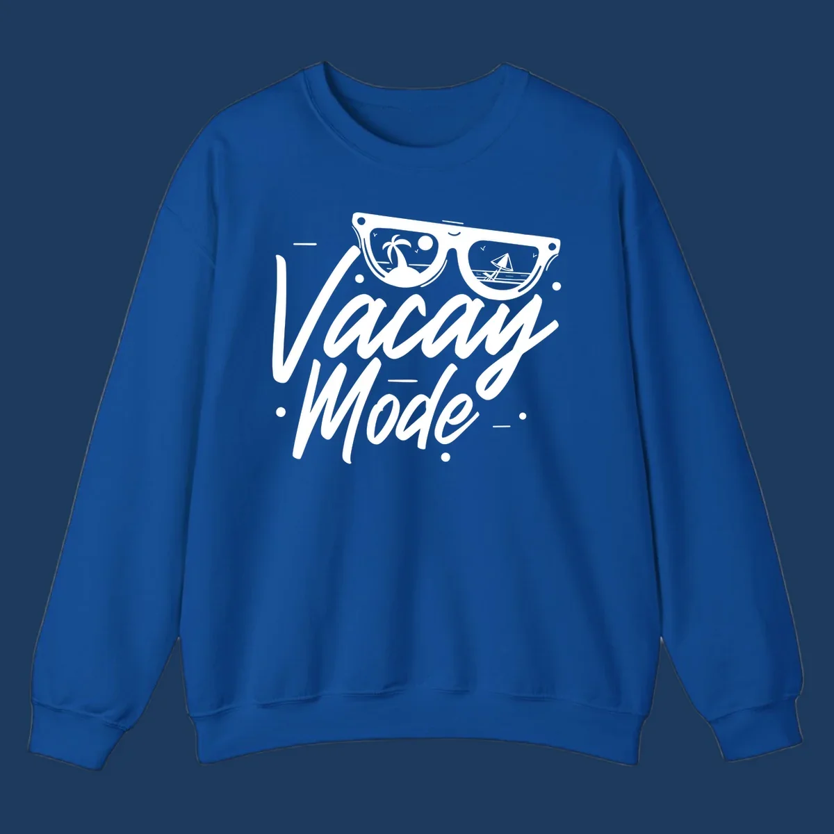 Warm mode cruise design with sunglasses showing tropical palm tree and sailboat scenes, flowing text lettering on gray background