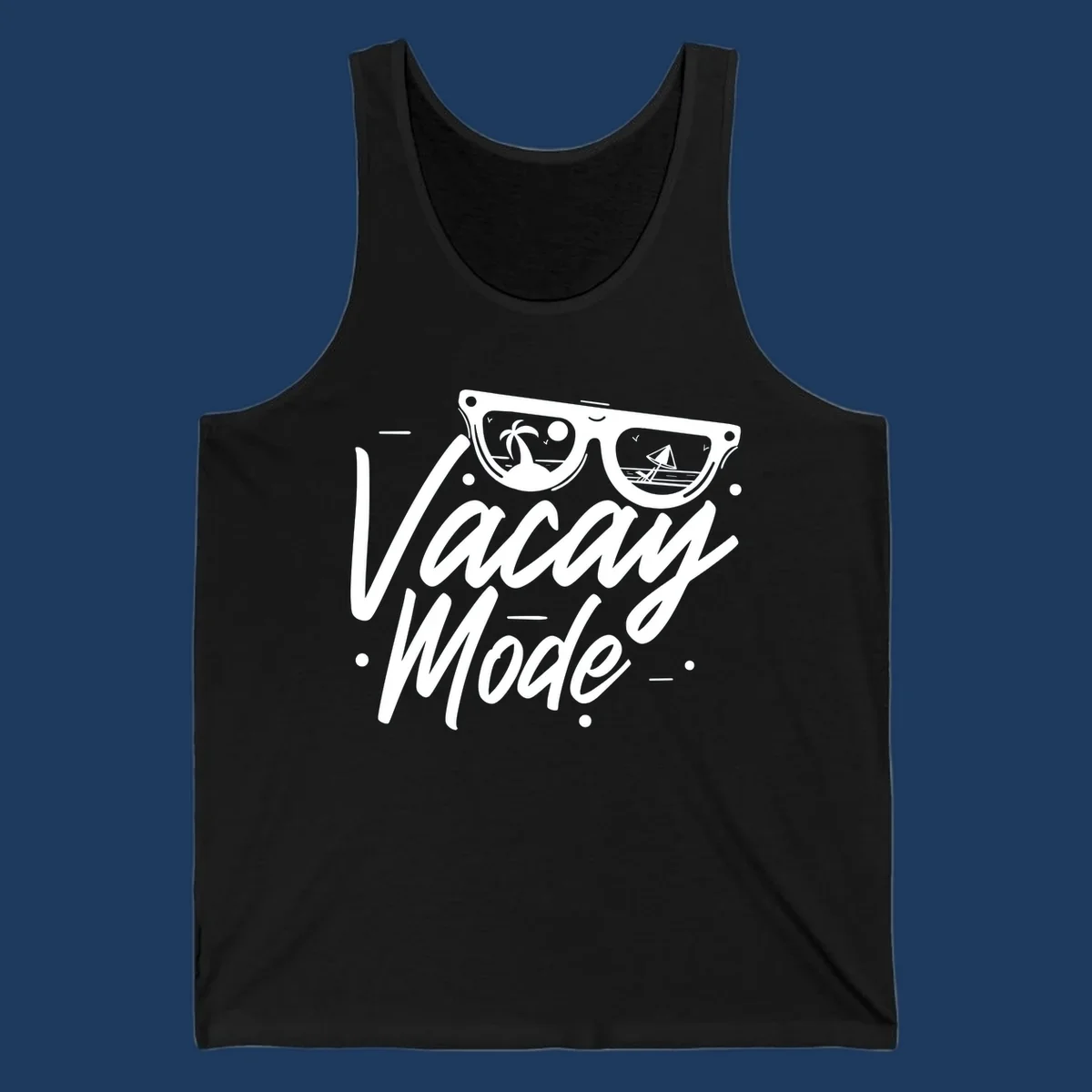 Warm mode cruise design with sunglasses showing tropical palm tree and sailboat scenes, flowing text lettering on gray background