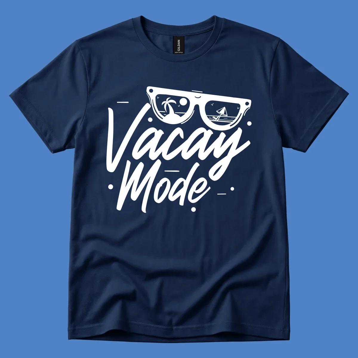 Warm mode cruise design with sunglasses showing tropical palm tree and sailboat scenes, flowing text lettering on gray background