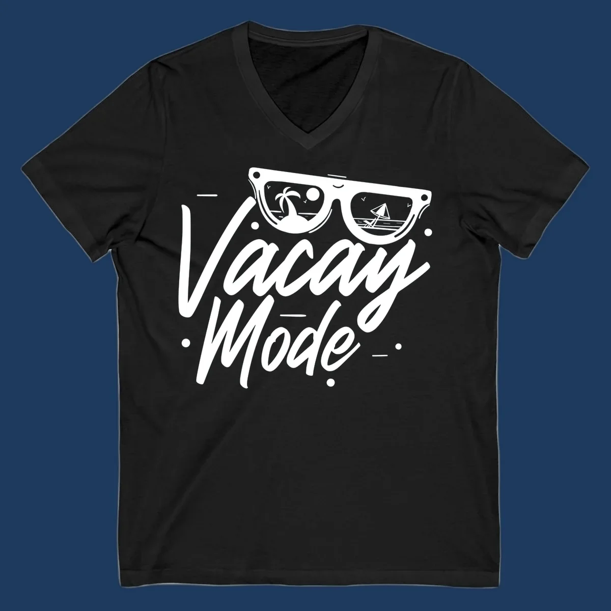 Warm mode cruise design with sunglasses showing tropical palm tree and sailboat scenes, flowing text lettering on gray background