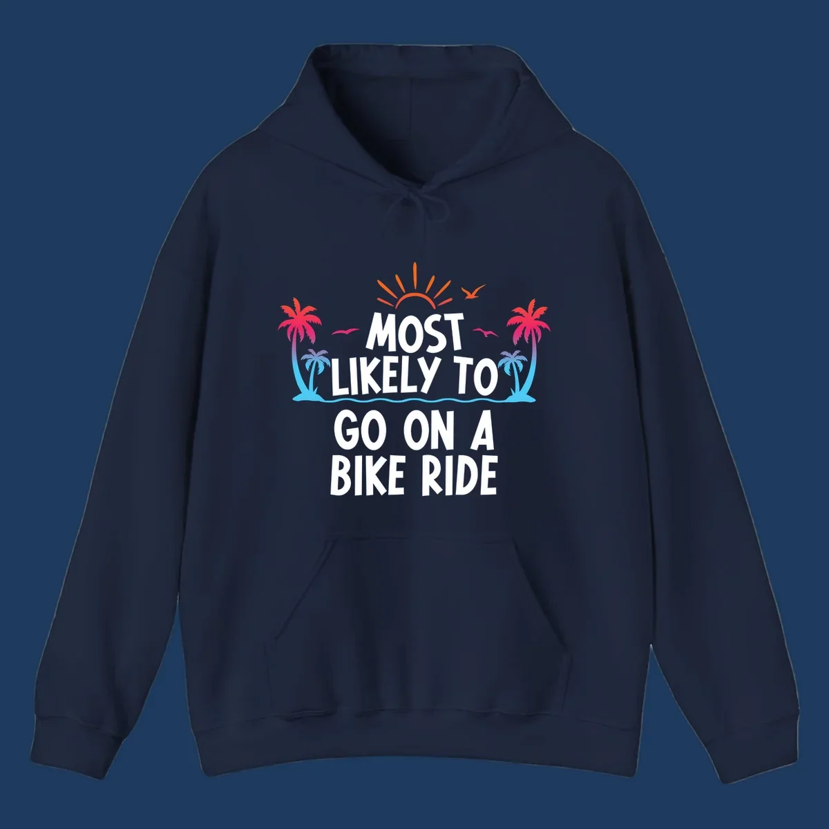 Tropical beach scene with palm trees, ocean waves, and sun rays surrounding white text reading 'Most Likely To Go On A Bike Ride'