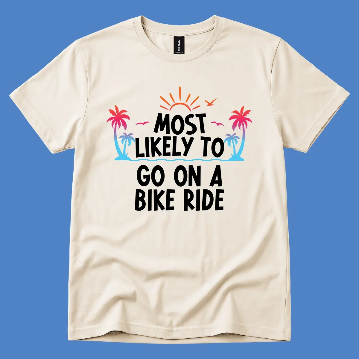 Tropical beach scene with palm trees, ocean waves, and sun rays surrounding white text reading 'Most Likely To Go On A Bike Ride'