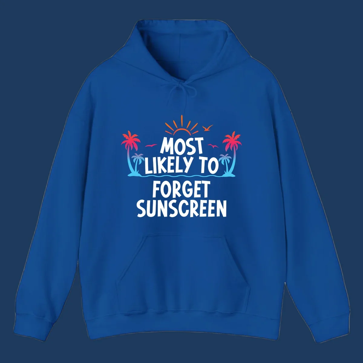 Tropical-themed design with white text reading 'Most Likely To Forget Sunscreen' surrounded by orange sun rays, colorful gradient palm trees, and ocean waves