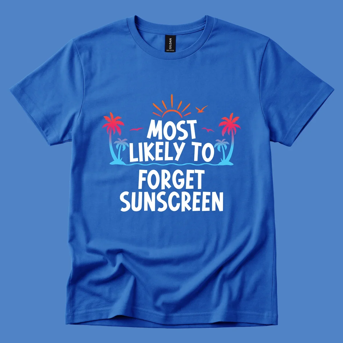 Tropical-themed design with white text reading 'Most Likely To Forget Sunscreen' surrounded by orange sun rays, colorful gradient palm trees, and ocean waves