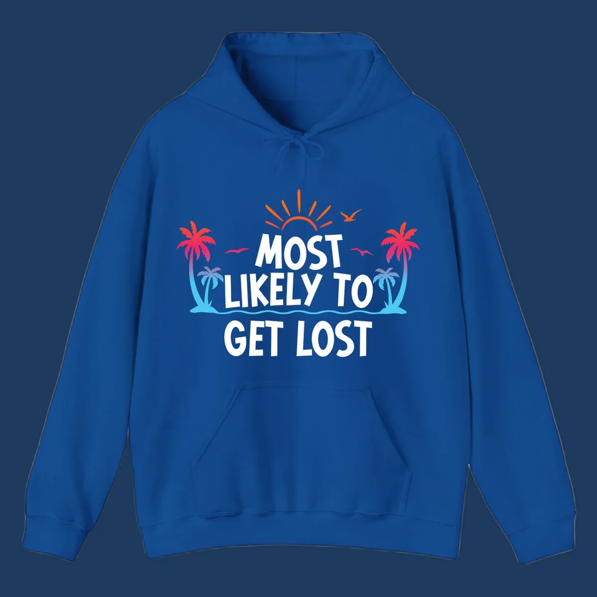 Tropical beach illustration with bright sun, palm trees, ocean waves, and white text reading 'Most Likely To Get Lost' - a funny cruise vacation design