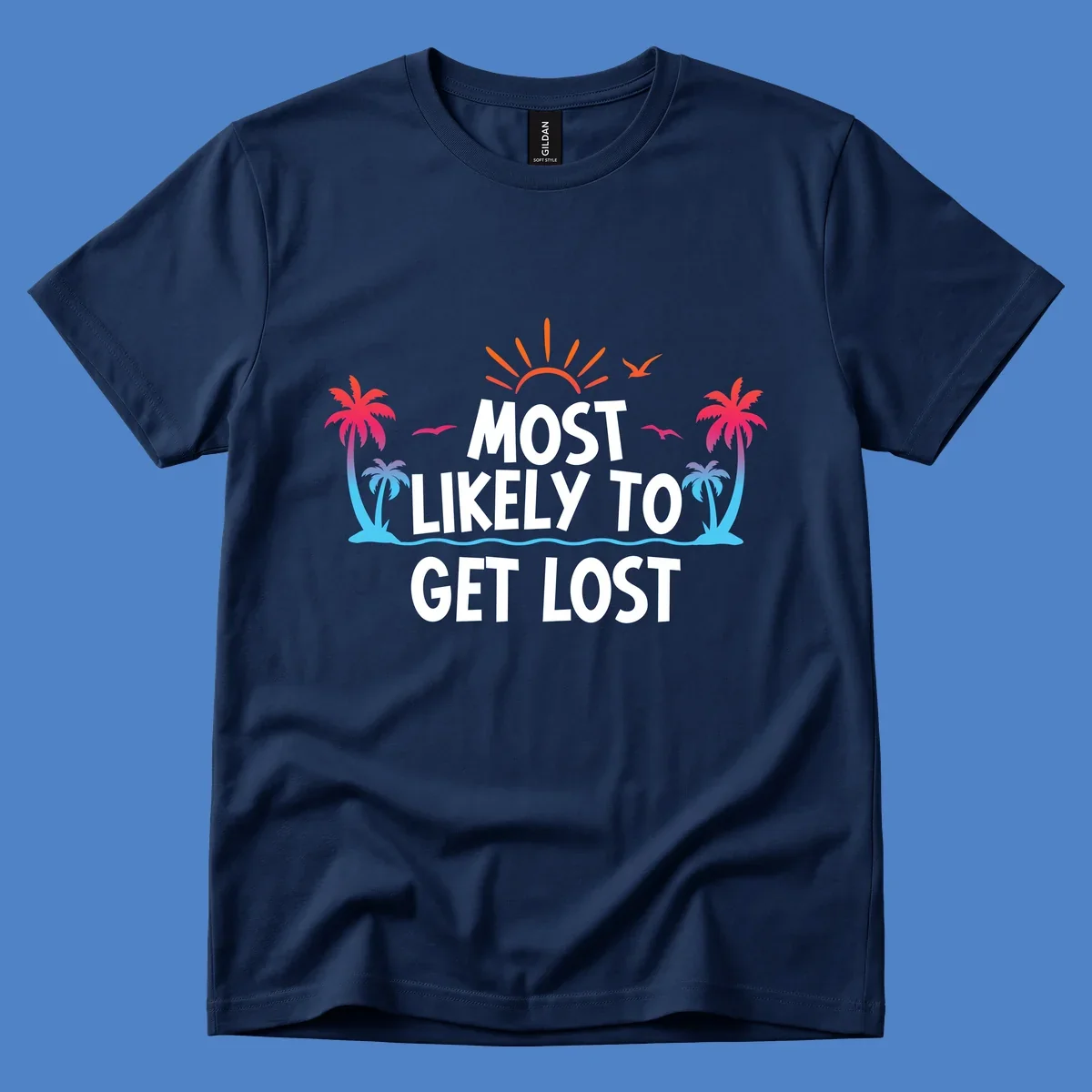 Tropical beach illustration with bright sun, palm trees, ocean waves, and white text reading 'Most Likely To Get Lost' - a funny cruise vacation design