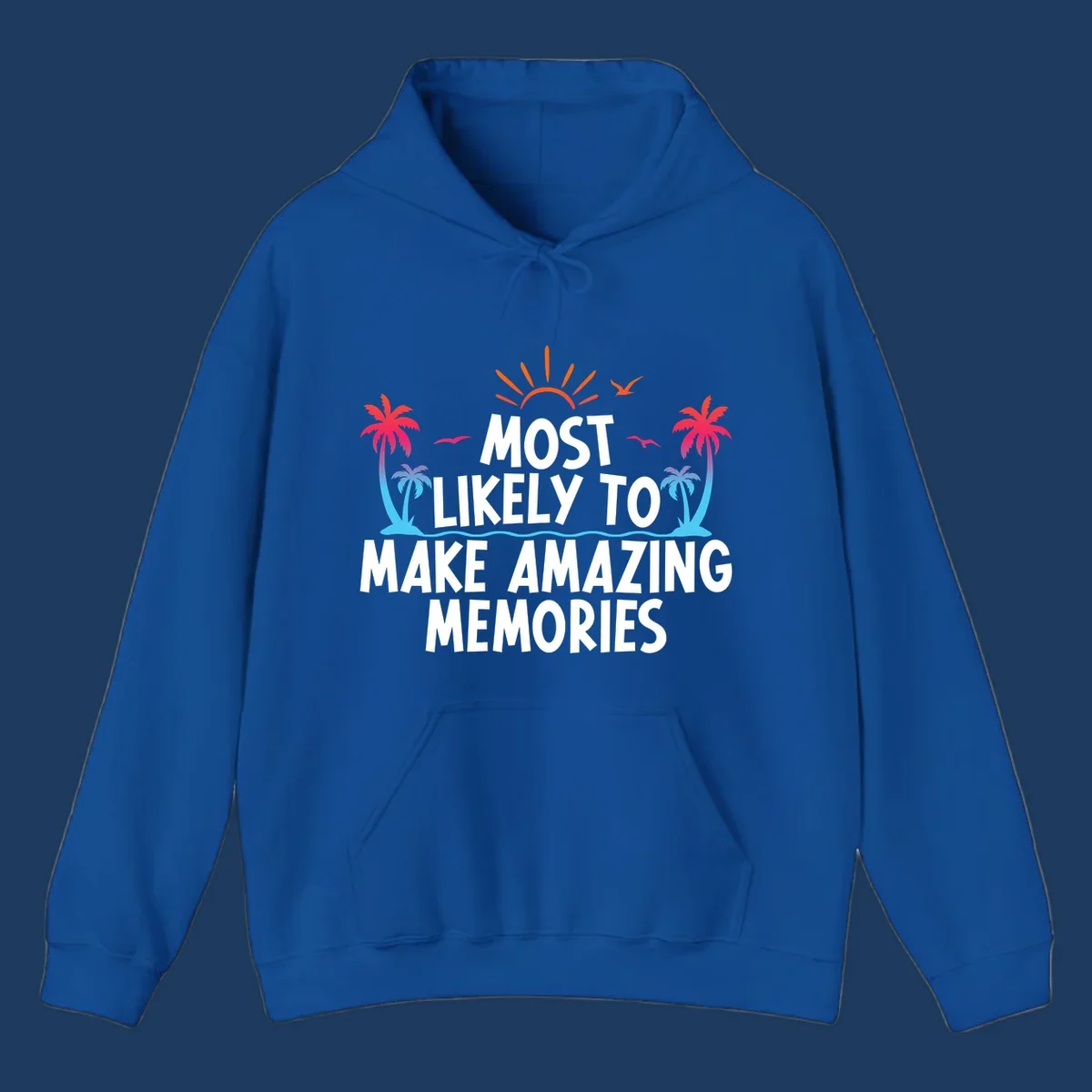 Tropical most-likely-memories-cruise design with palm trees, sun, birds, and ocean waves surrounding white text on gray background