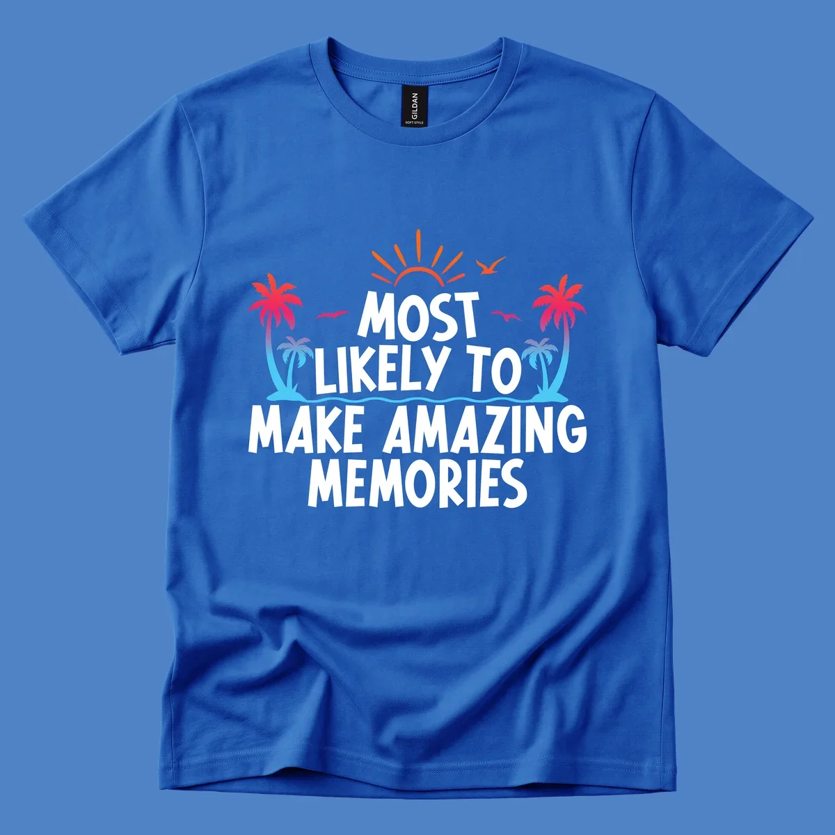 Tropical most-likely-memories-cruise design with palm trees, sun, birds, and ocean waves surrounding white text on gray background