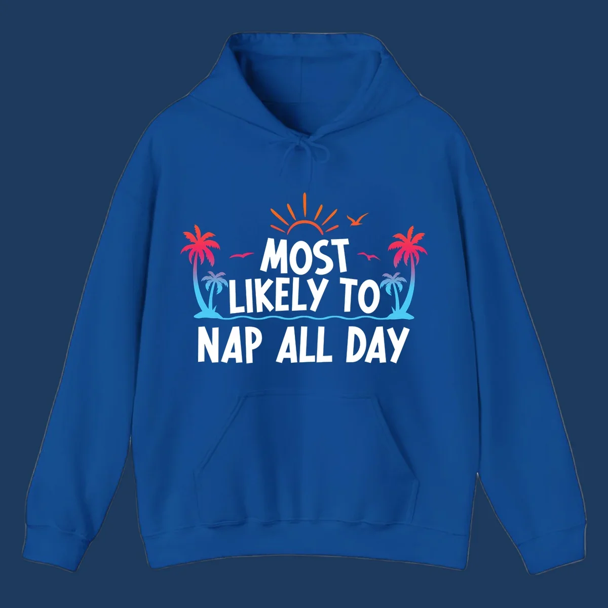 Tropical beach illustration with palm trees, sun, and ocean waves surrounding white text reading 'Most Likely To Nap All Day' for cruise vacation apparel.