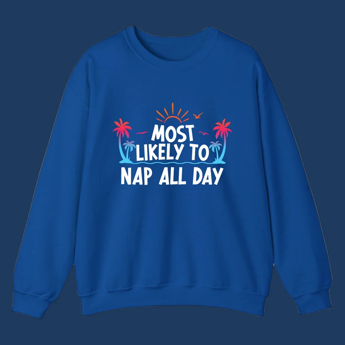 Tropical beach illustration with palm trees, sun, and ocean waves surrounding white text reading 'Most Likely To Nap All Day' for cruise vacation apparel.