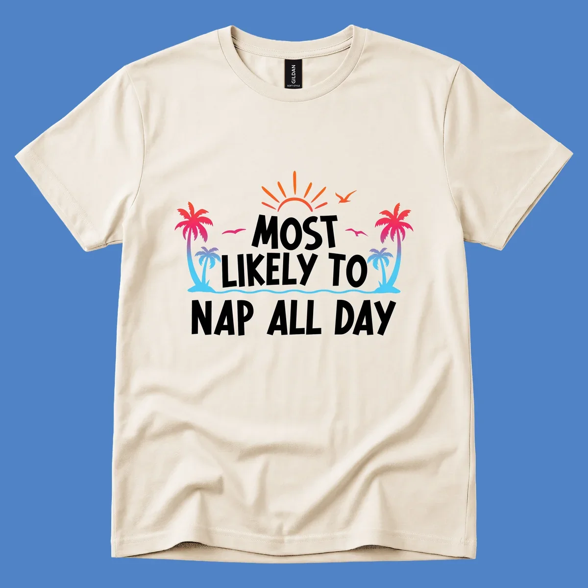 Tropical beach illustration with palm trees, sun, and ocean waves surrounding white text reading 'Most Likely To Nap All Day' for cruise vacation apparel.