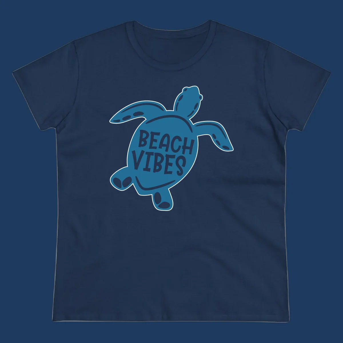 Teal sea turtle illustration with spotted shell pattern and 'Beach Vibes' text centered on the shell