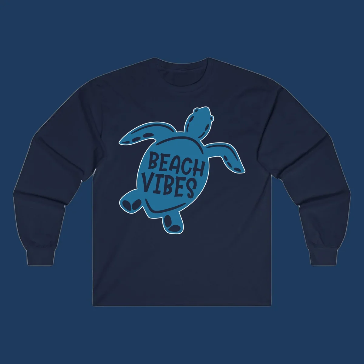 Teal sea turtle illustration with spotted shell pattern and 'Beach Vibes' text centered on the shell