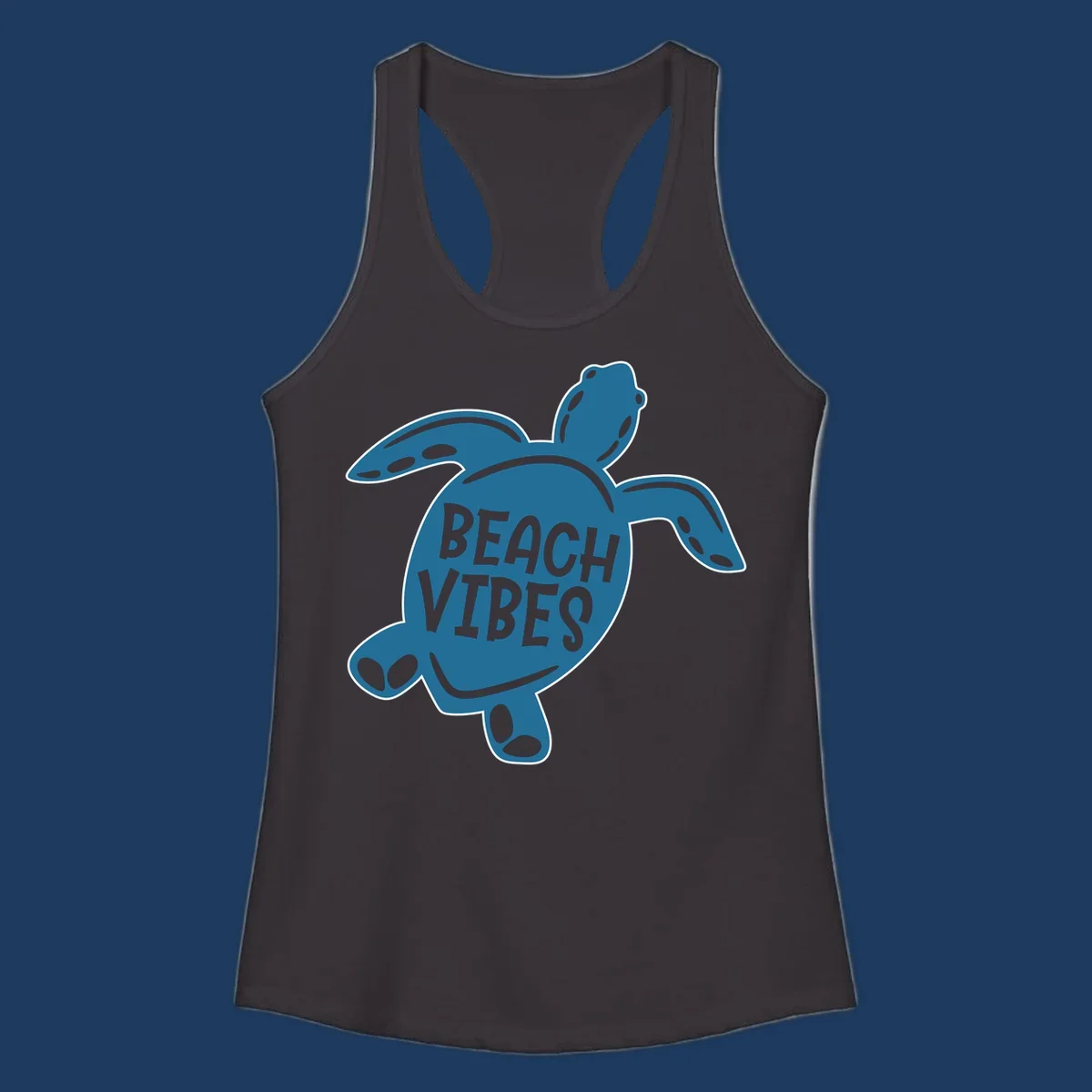 Teal sea turtle illustration with spotted shell pattern and 'Beach Vibes' text centered on the shell