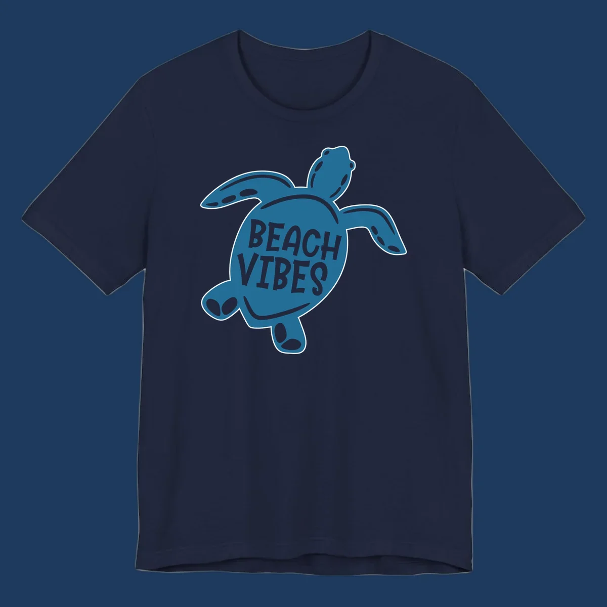 Teal sea turtle illustration with spotted shell pattern and 'Beach Vibes' text centered on the shell